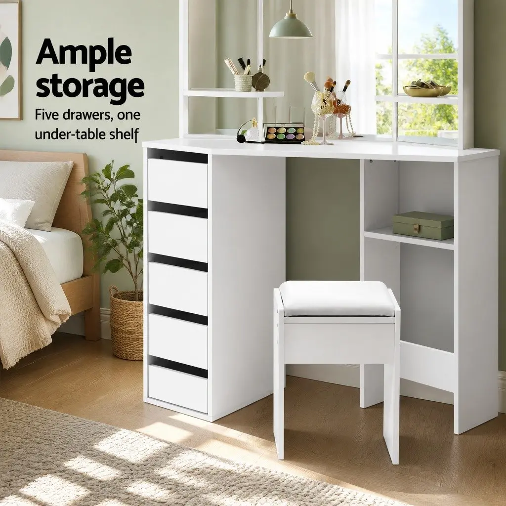 White Corner Dressing Table Stool Set with Mirror