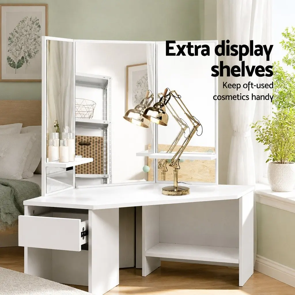 White Corner Dressing Table Stool Set with Mirror