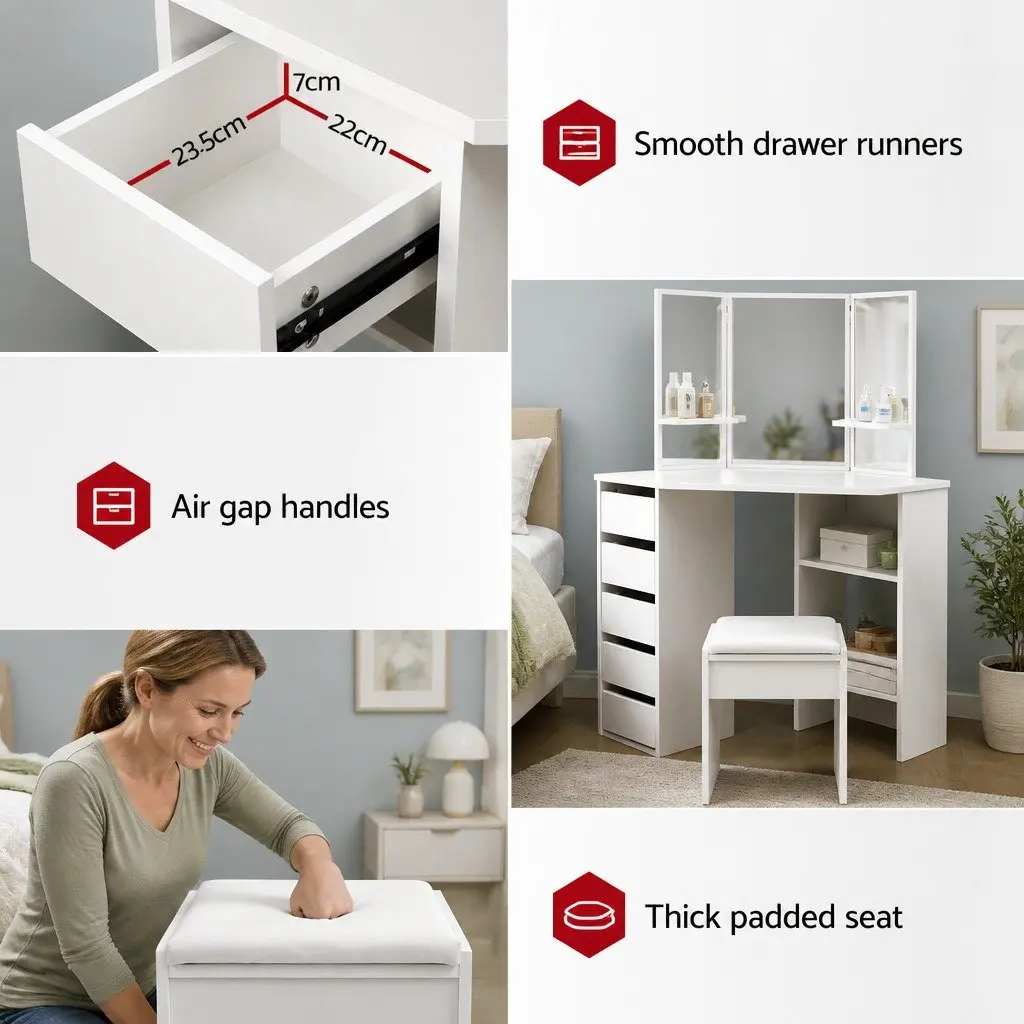 White Corner Dressing Table Stool Set with Mirror