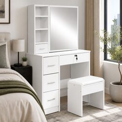 Stylish White Dressing Table Stool Set with Sliding Mirror