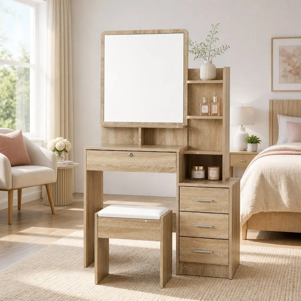Oak Dressing Table Stool Set with 4 Drawers