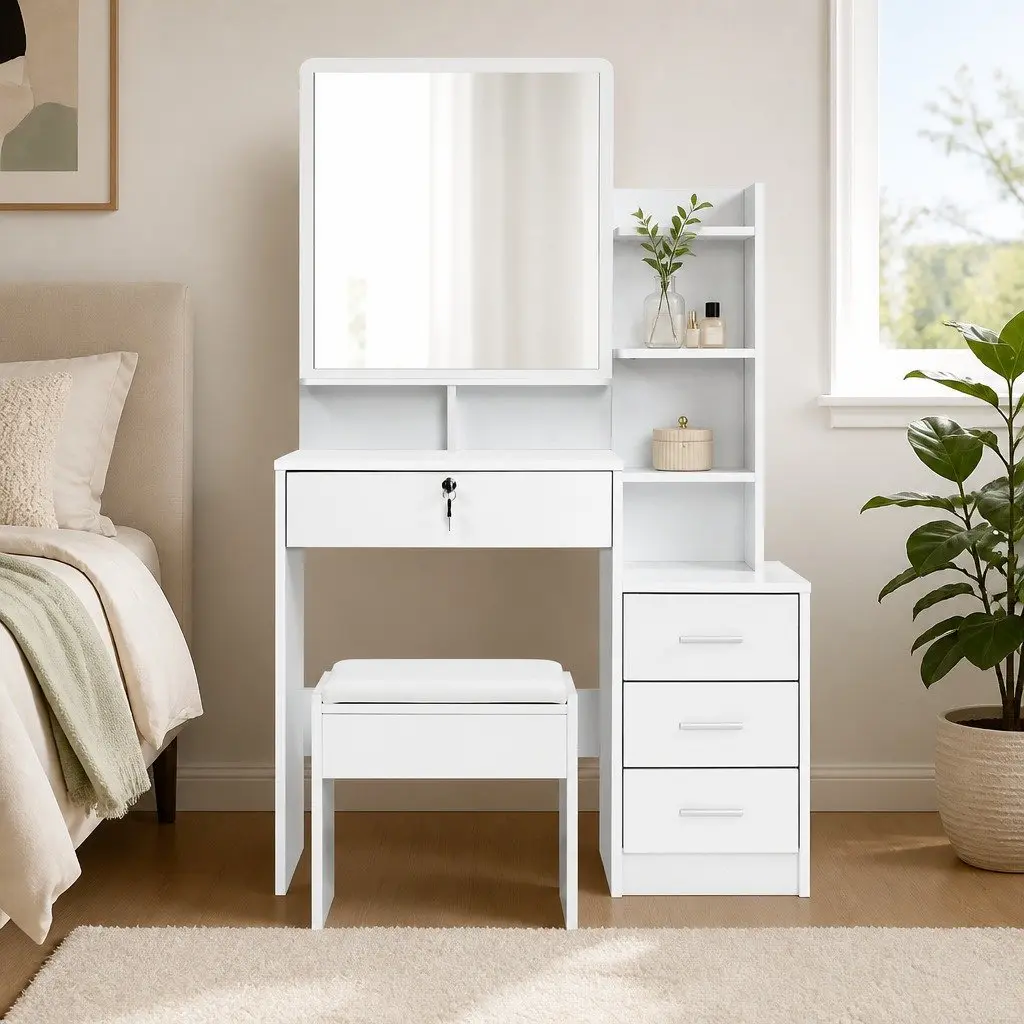 White Dressing Table with Stool and 4 Drawers