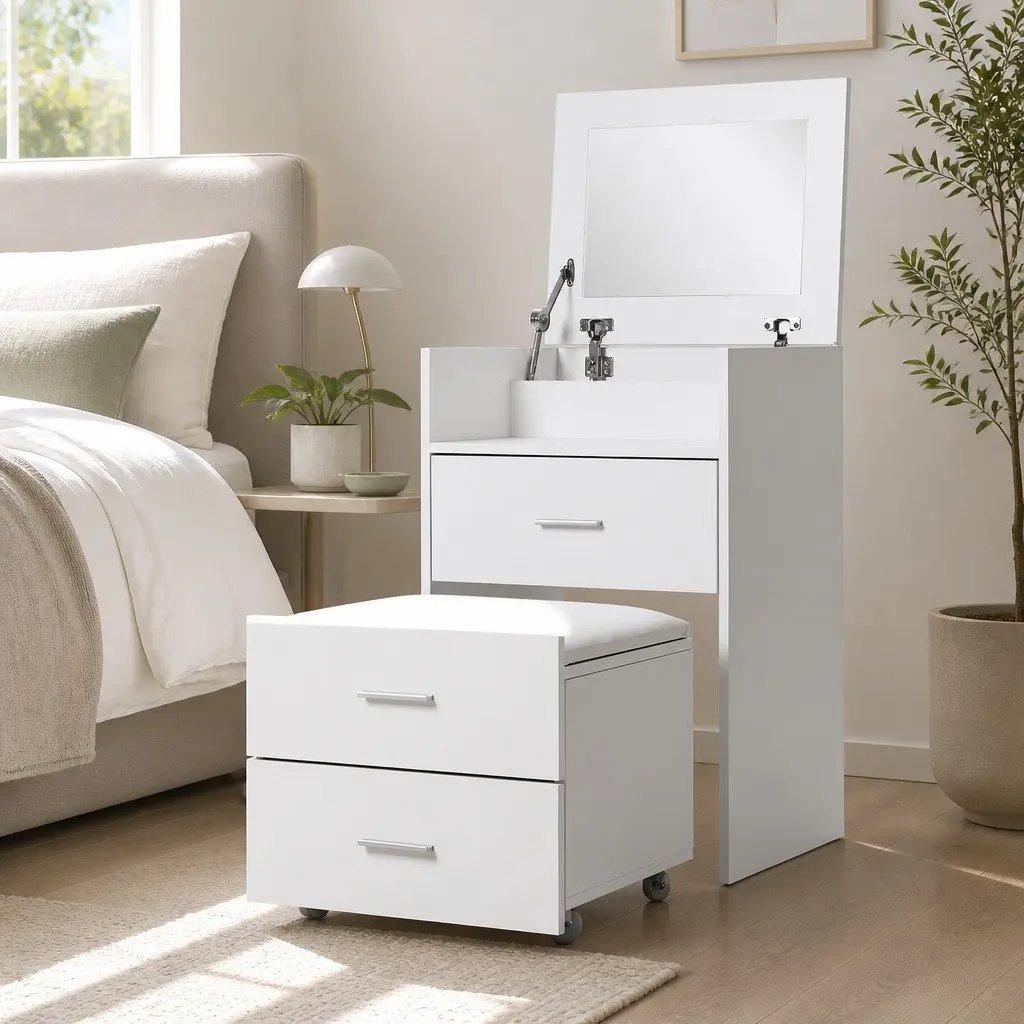 2-in-1 Bedside Dressing Table Stool Set White