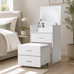2-in-1 Bedside Dressing Table Stool Set White Bedroom Vanity Mirror Storage