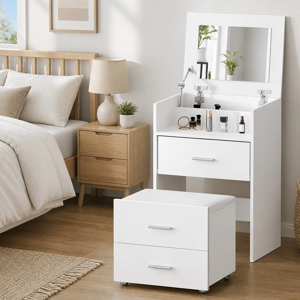 2-in-1 Bedside Dressing Table Stool Set White