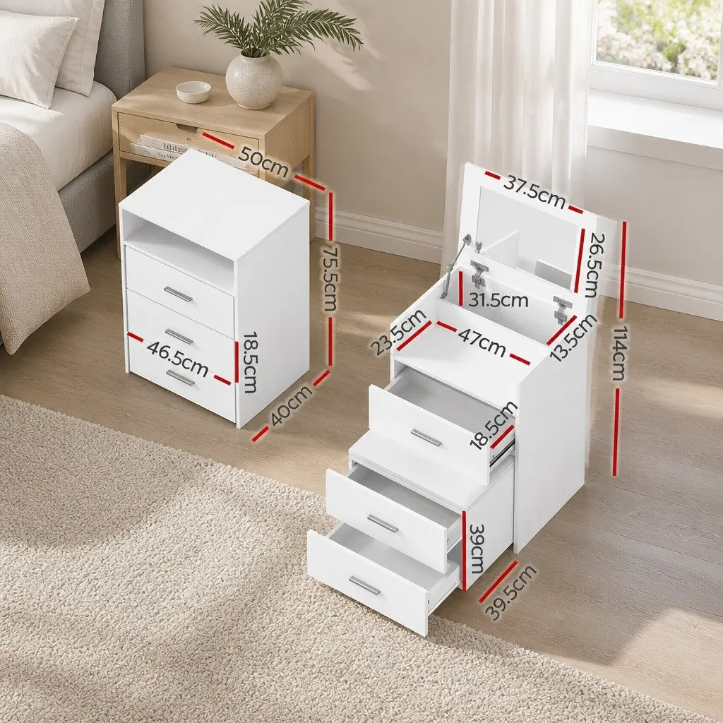 2-in-1 Bedside Dressing Table Stool Set White