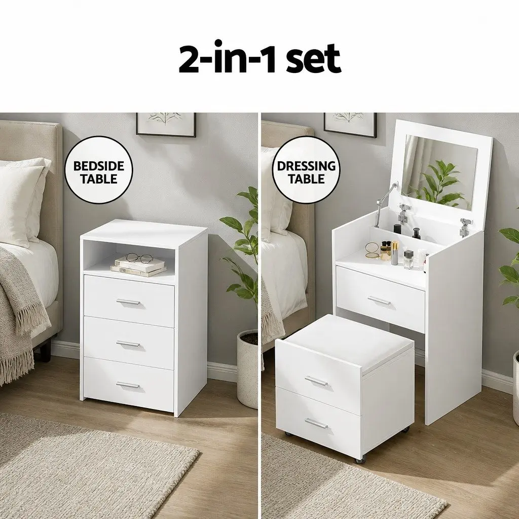 2-in-1 Bedside Dressing Table Stool Set White