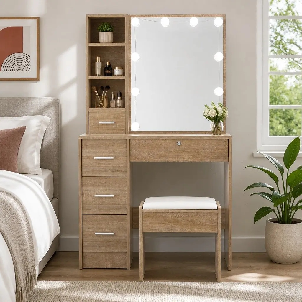 Dressing Table Set Particle Board MDF Wood 80cm Vanity Makeup Stool with 10 LED Bulbs