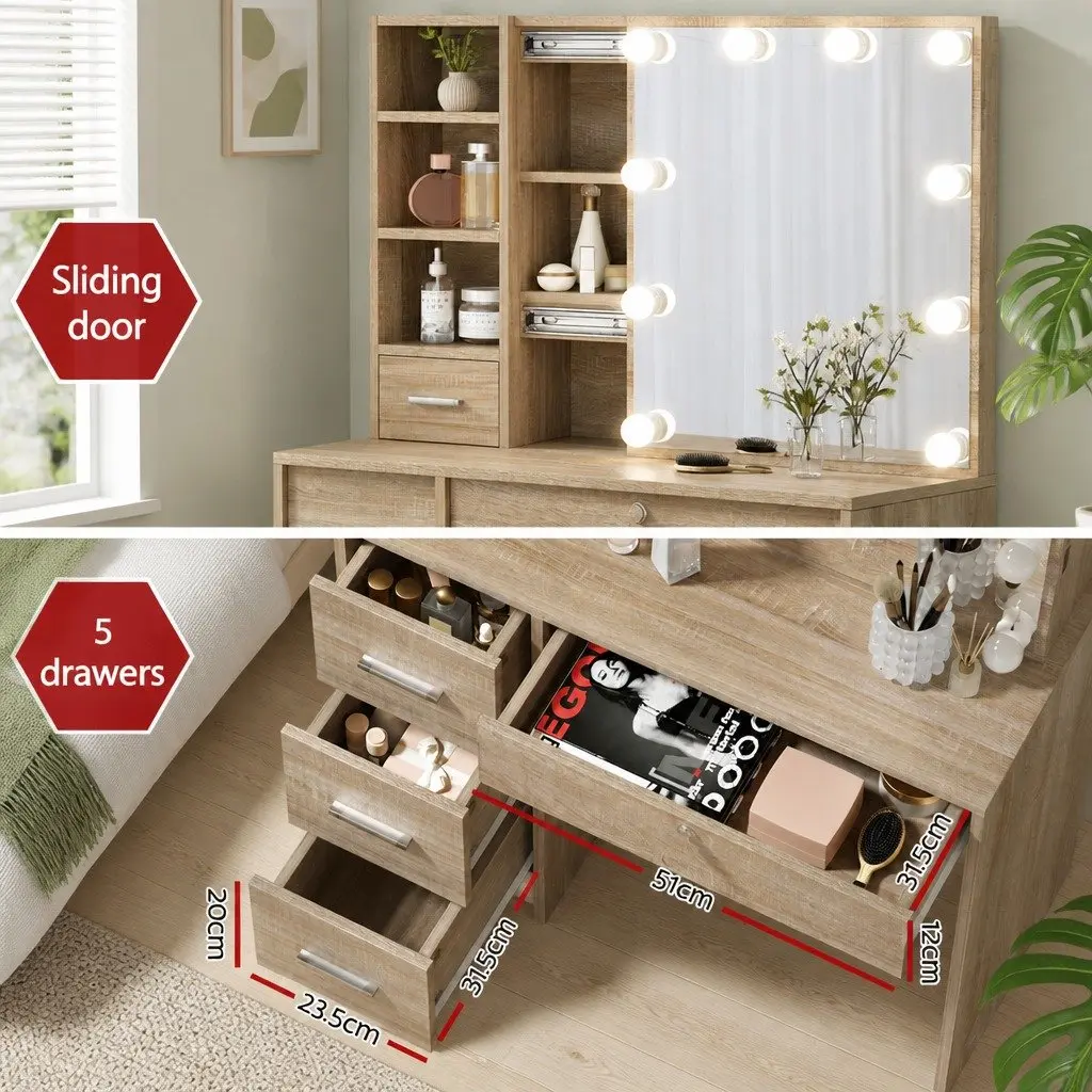 Dressing Table Set Particle Board MDF Wood 80cm Vanity Makeup Stool with 10 LED Bulbs