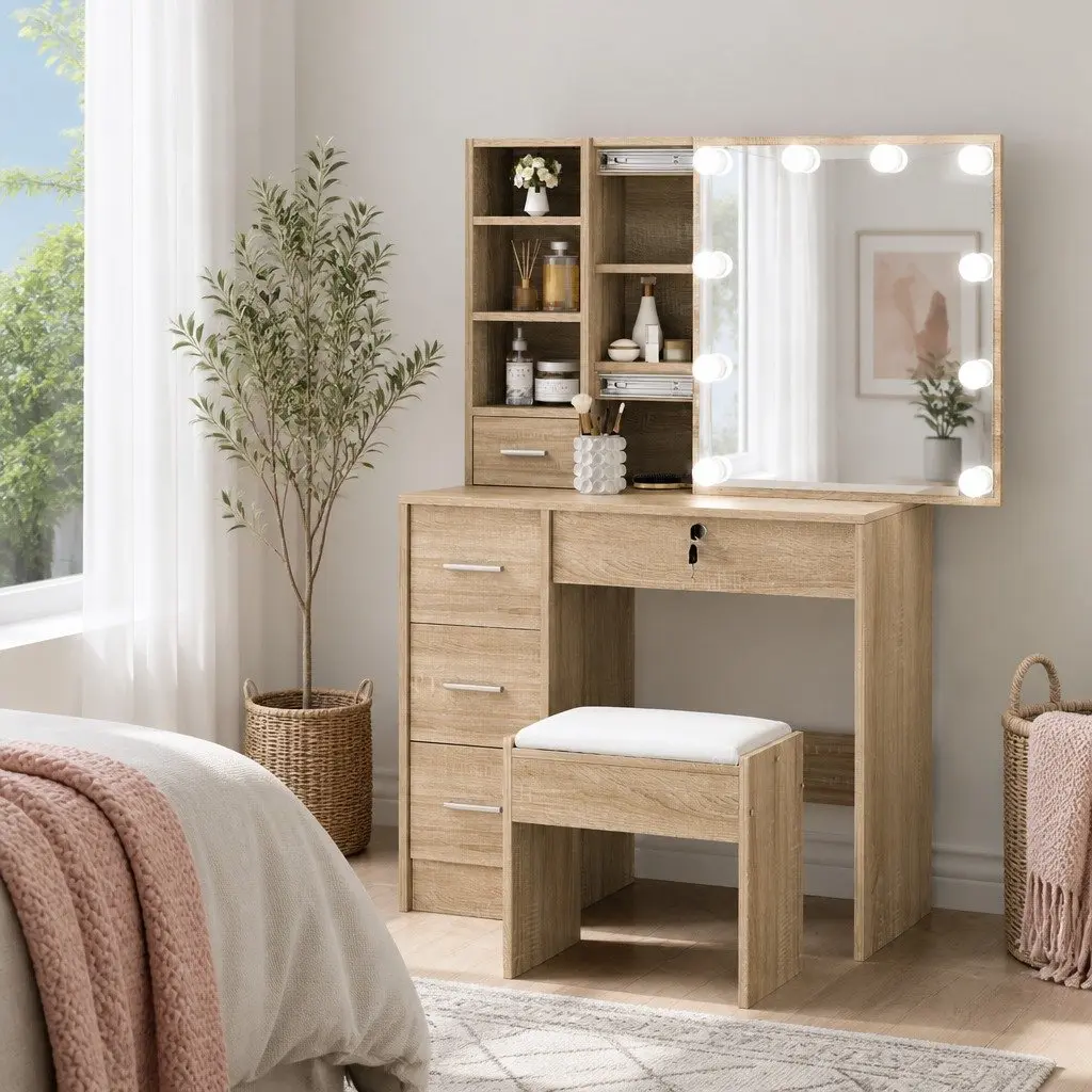 Dressing Table Set Particle Board MDF Wood 80cm Vanity Makeup Stool with 10 LED Bulbs