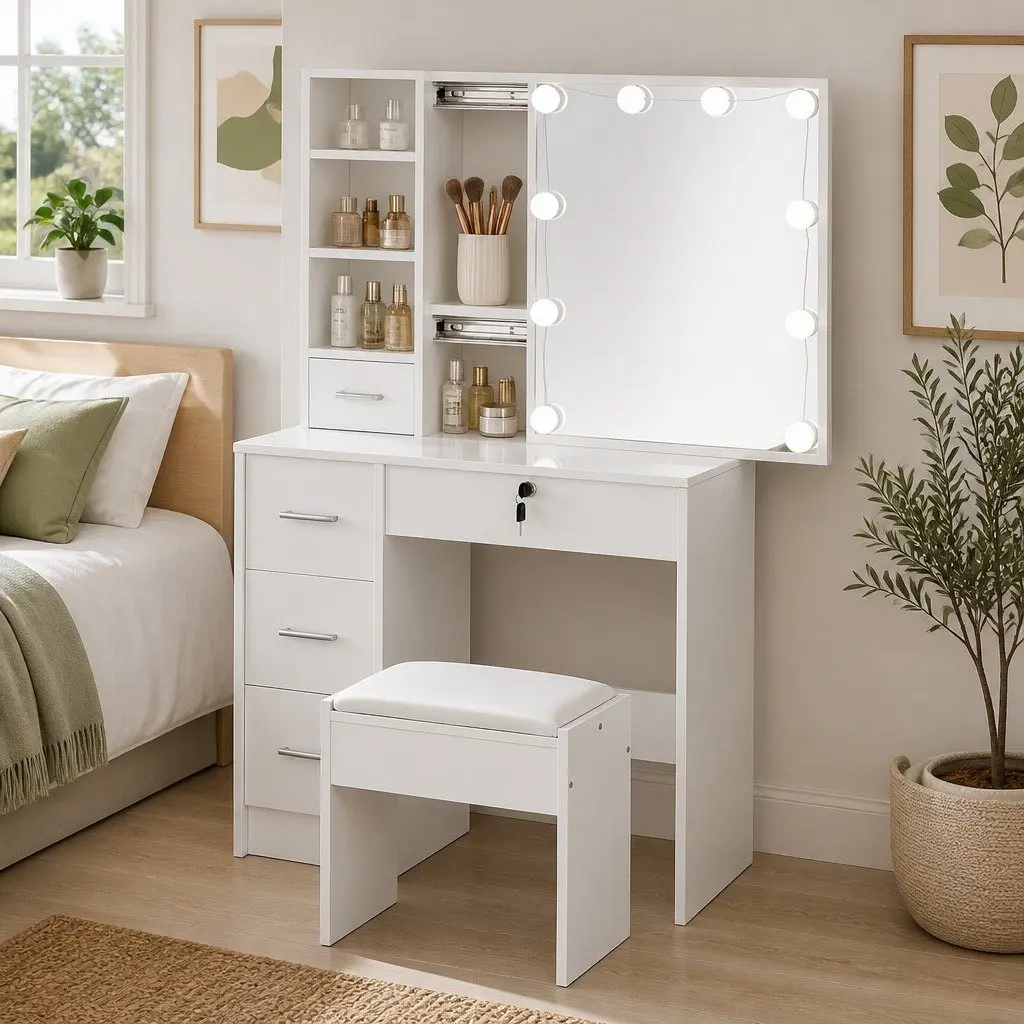 Hollywood Mirror Dressing Table Set with LED Bulbs