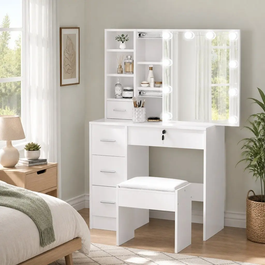 Hollywood Mirror Dressing Table Set with LED Bulbs