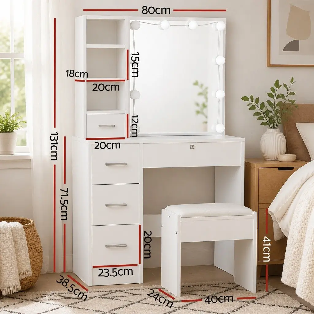 Hollywood Mirror Dressing Table Set with LED Bulbs