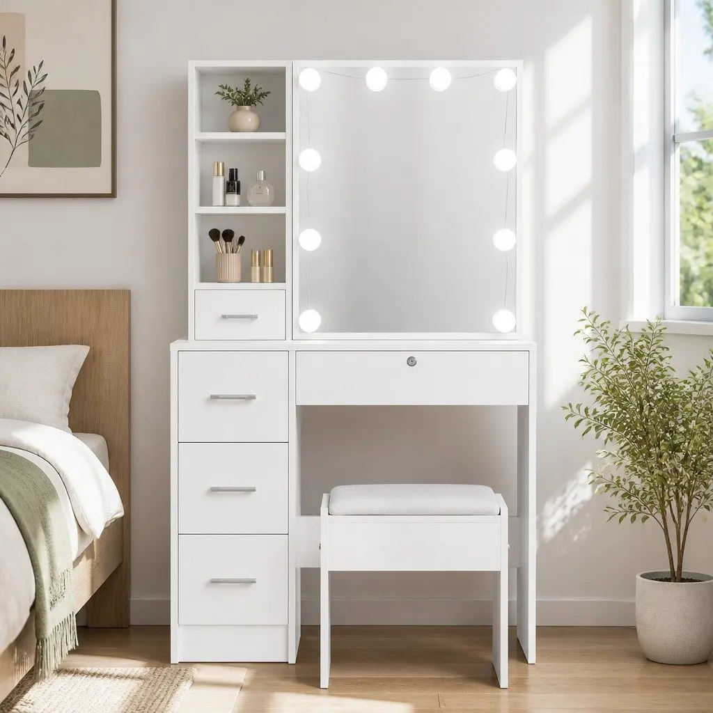 Hollywood Mirror Dressing Table Set with LED Bulbs