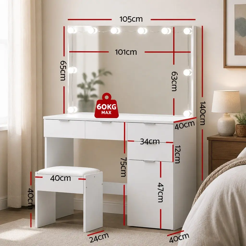 Dressing Table Set LED White MDF Vanity with Stool and Mirror 105cm x 40cm x 140cm