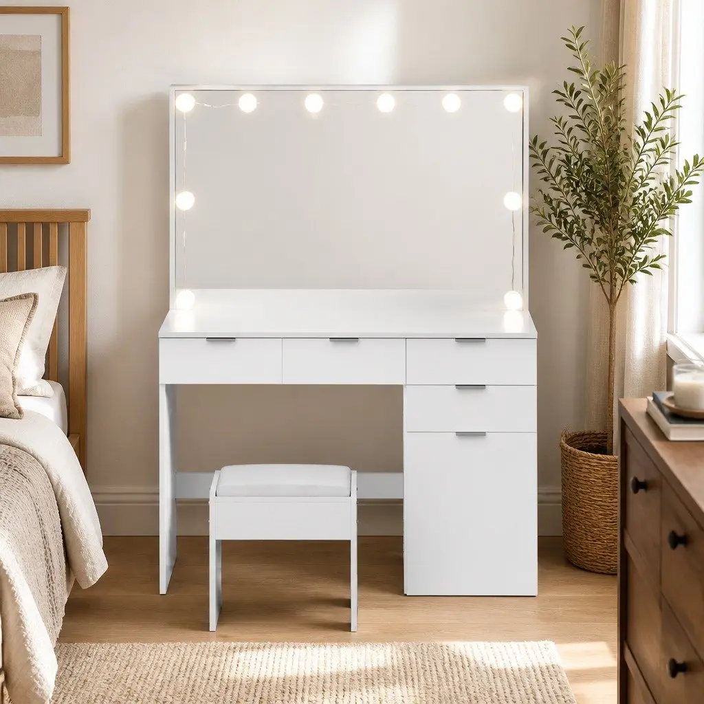 Dressing Table Set LED White MDF Vanity with Stool and Mirror 105cm x 40cm x 140cm