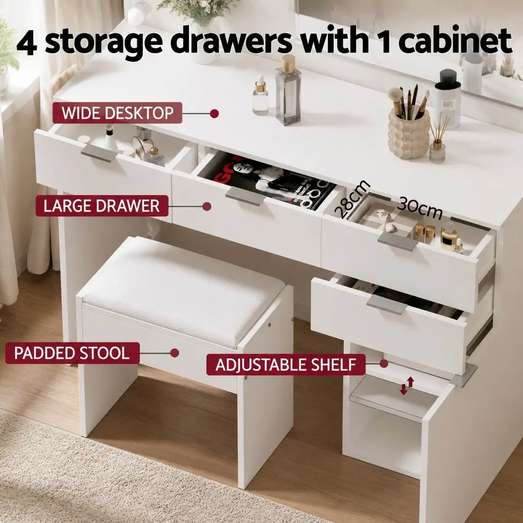 Dressing Table Set LED White MDF Vanity with Stool and Mirror 105cm x 40cm x 140cm