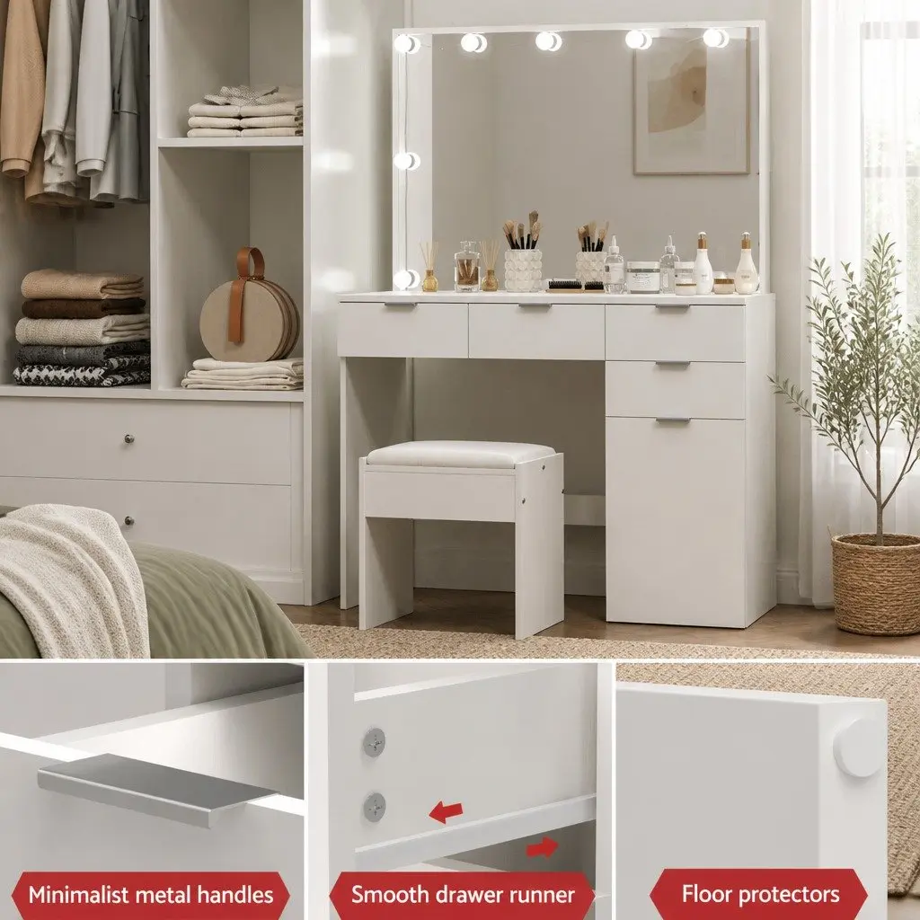 Dressing Table Set LED White MDF Vanity with Stool and Mirror 105cm x 40cm x 140cm