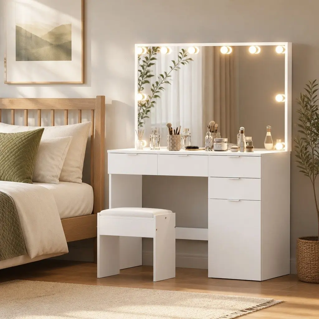 Dressing Table Set LED White MDF Vanity with Stool and Mirror 105cm x 40cm x 140cm