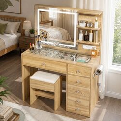 Dressing Table LED Vanity Desk Set with Stool Mirror Drawers Bedroom Furniture