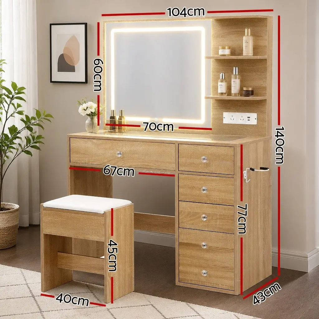 Dressing Table LED Vanity Desk Set Glass Wood 104cm Bedroom Furniture