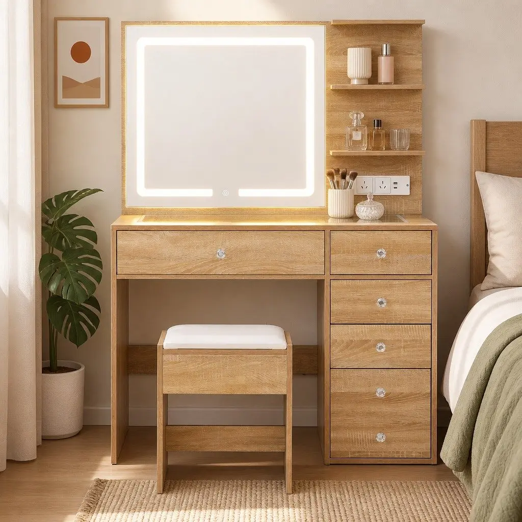 Dressing Table LED Vanity Desk Set Glass Wood 104cm Bedroom Furniture
