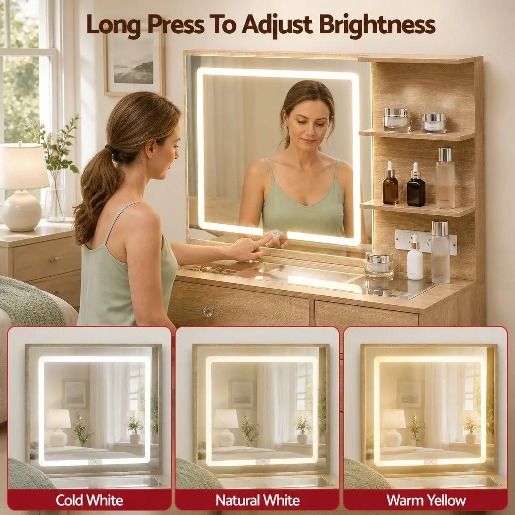 Dressing Table LED Vanity Desk Set Glass Wood 104cm Bedroom Furniture