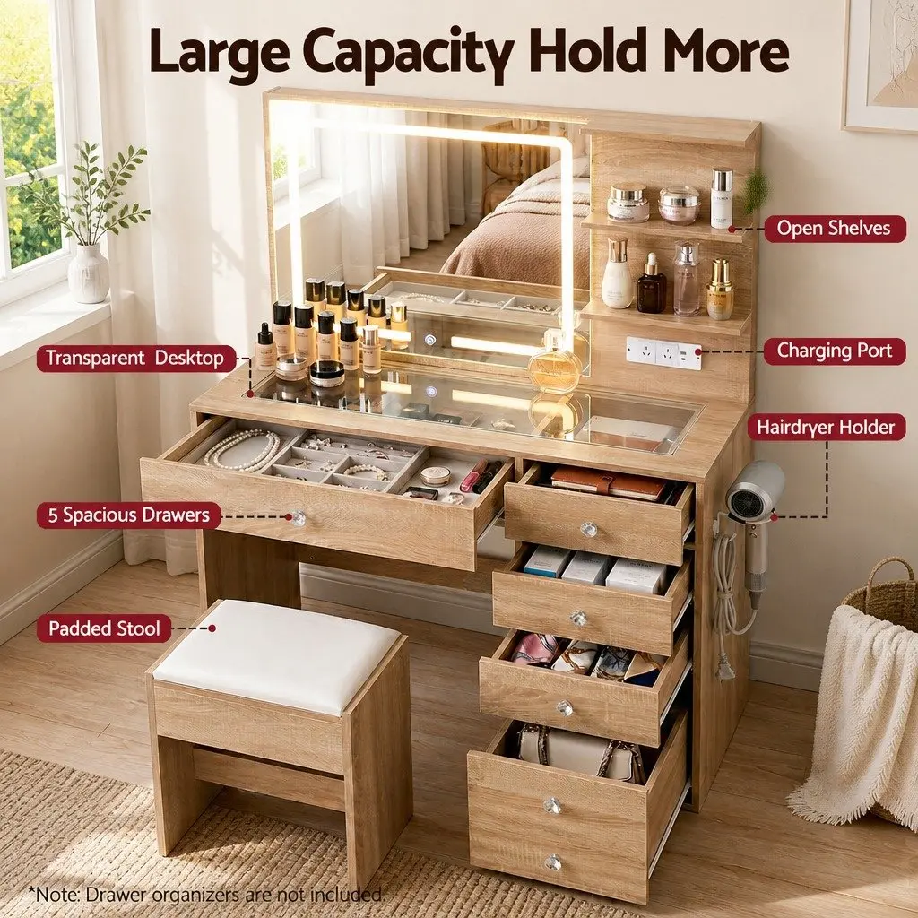 Dressing Table LED Vanity Desk Set Glass Wood 104cm Bedroom Furniture
