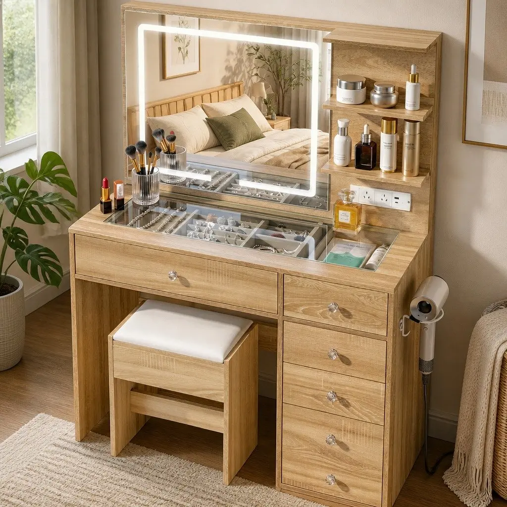Dressing Table LED Vanity Desk Set Glass Wood 104cm Bedroom Furniture