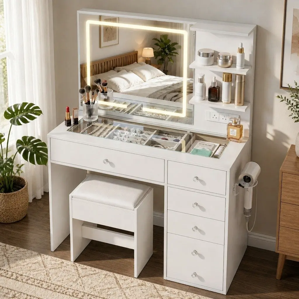White LED Vanity Dressing Table with Makeup Mirror & Stool