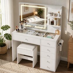 White LED Vanity Dressing Table with Makeup Mirror & Stool