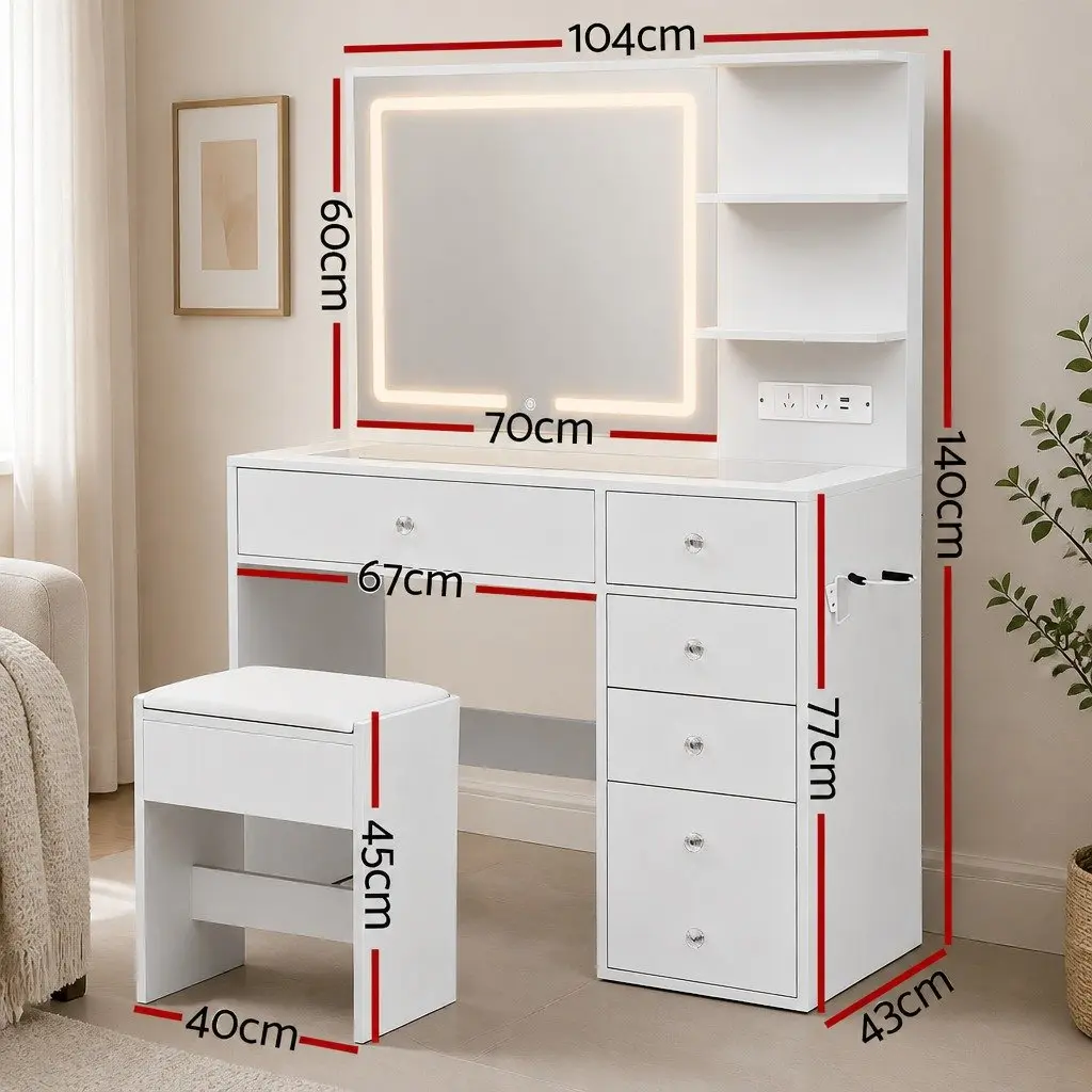 White LED Vanity Dressing Table with Makeup Mirror & Stool
