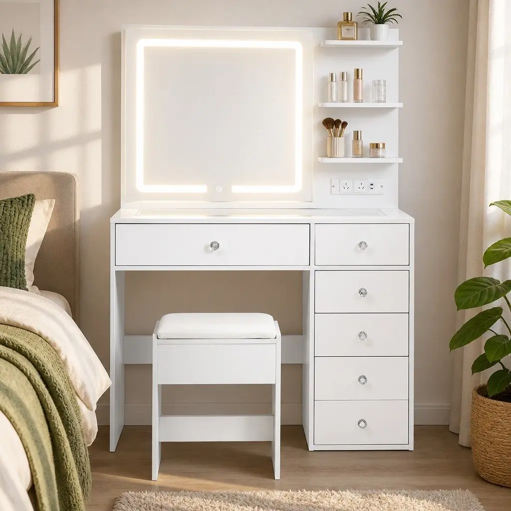 White LED Vanity Dressing Table with Makeup Mirror & Stool