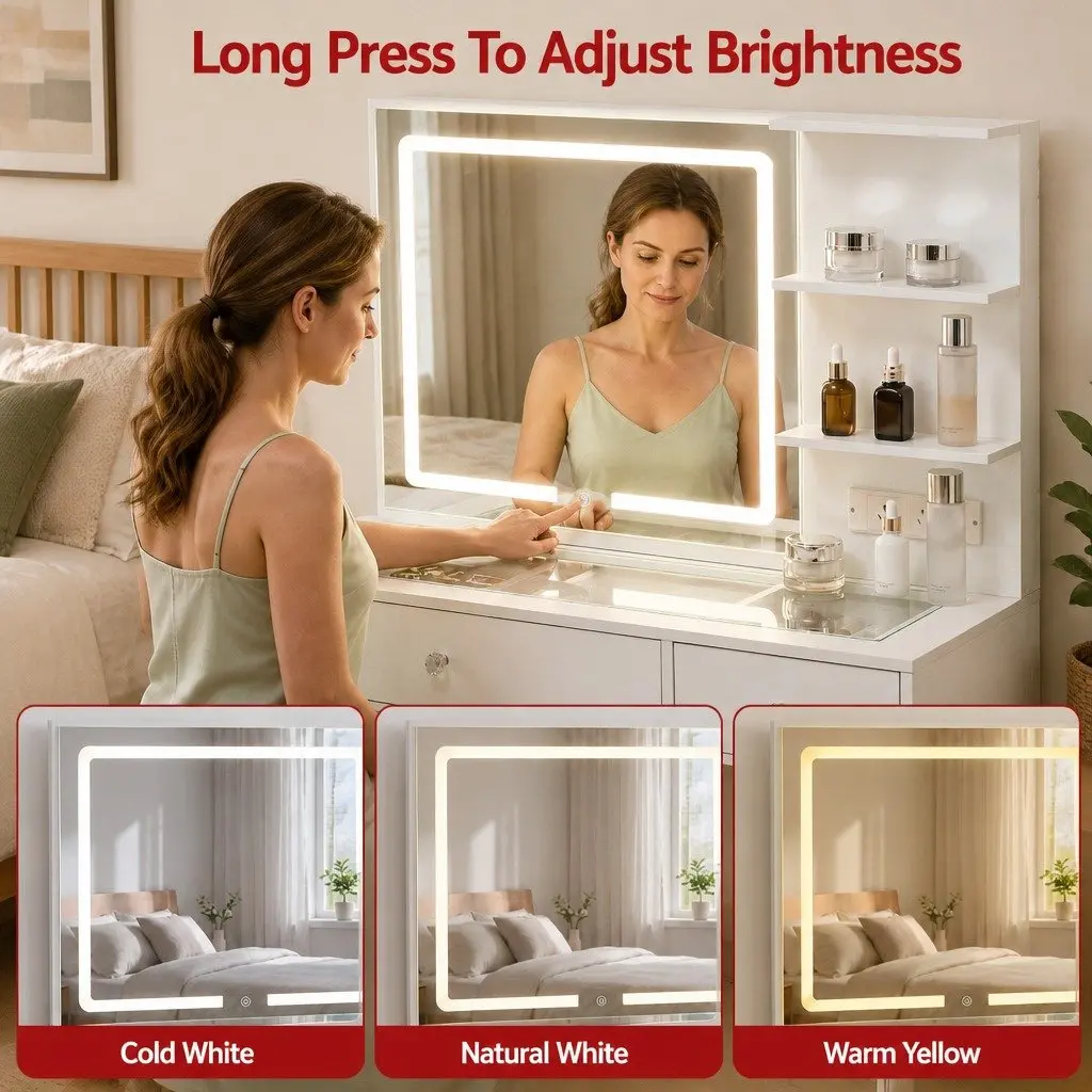White LED Vanity Dressing Table with Makeup Mirror & Stool