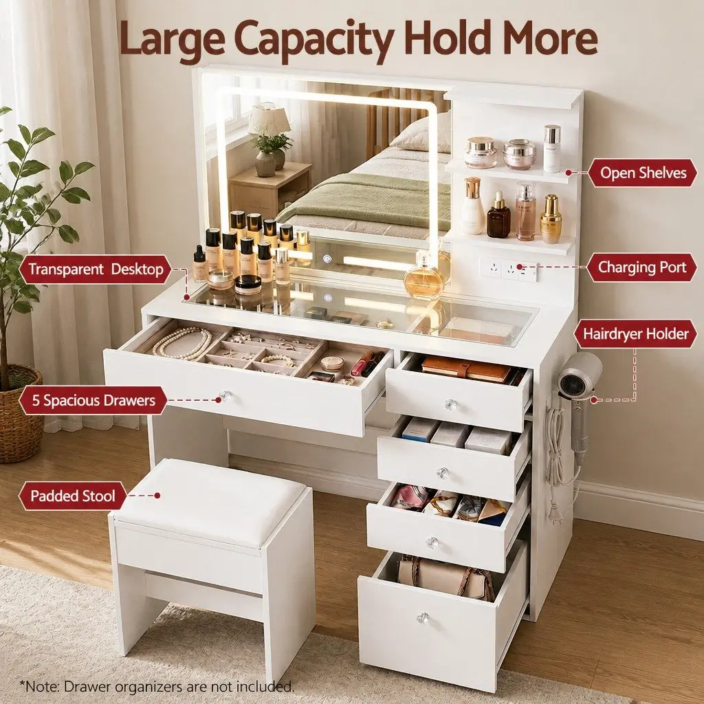 White LED Vanity Dressing Table with Makeup Mirror & Stool
