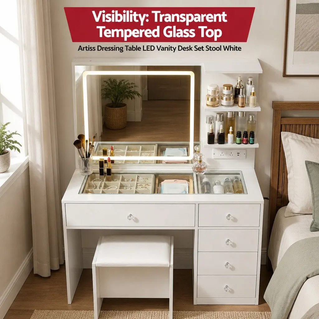 White LED Vanity Dressing Table with Makeup Mirror & Stool