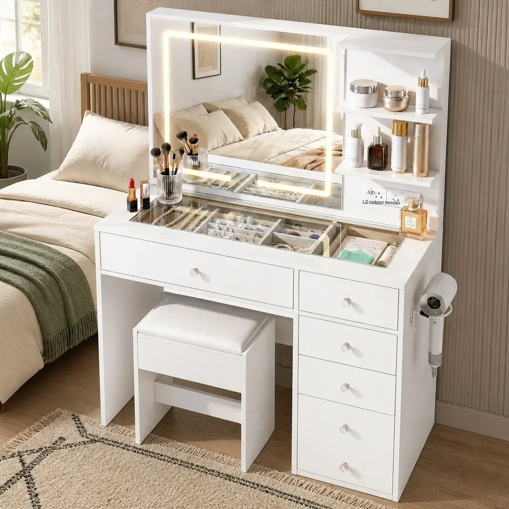 White LED Vanity Dressing Table with Makeup Mirror & Stool