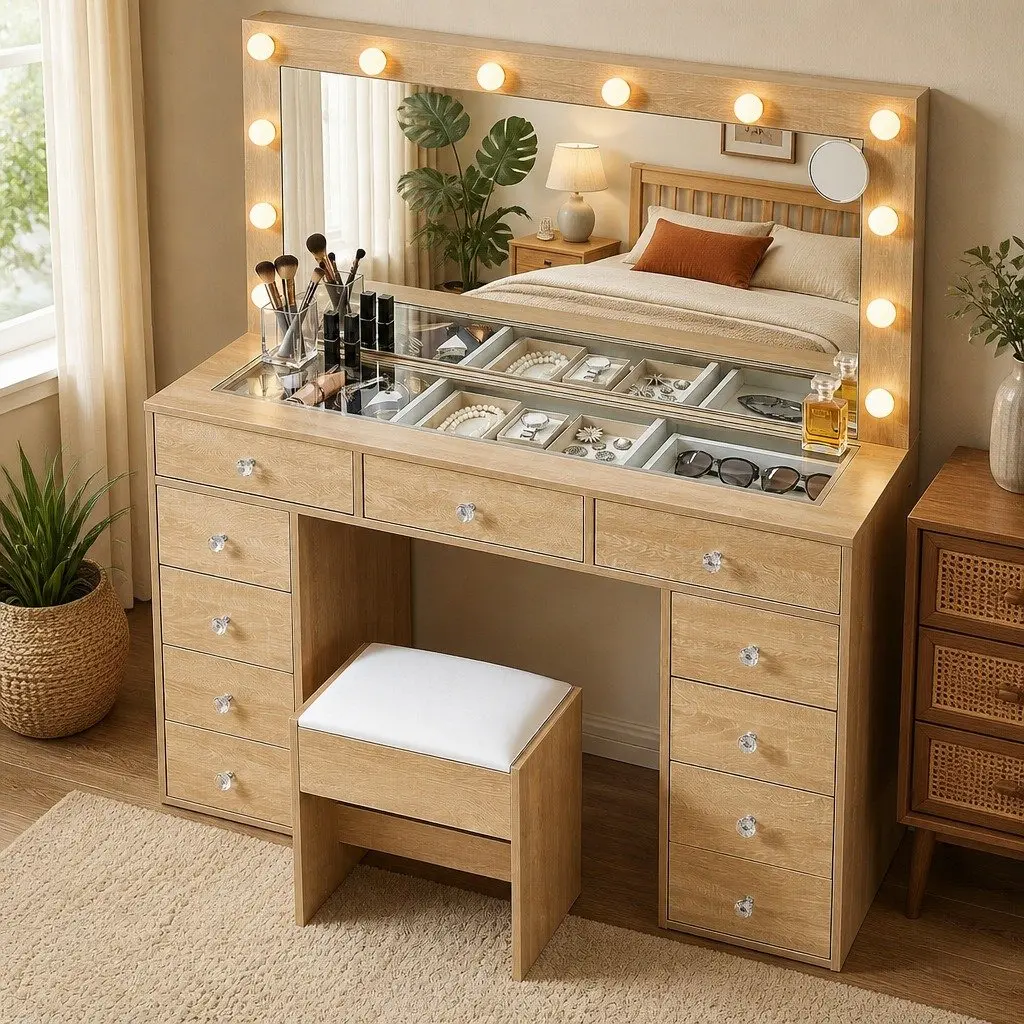 Dressing Vanity Desk with LED Mirror & Stool