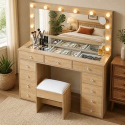 Dressing Vanity Desk with LED Makeup Mirror Stool Storage Drawers Wood