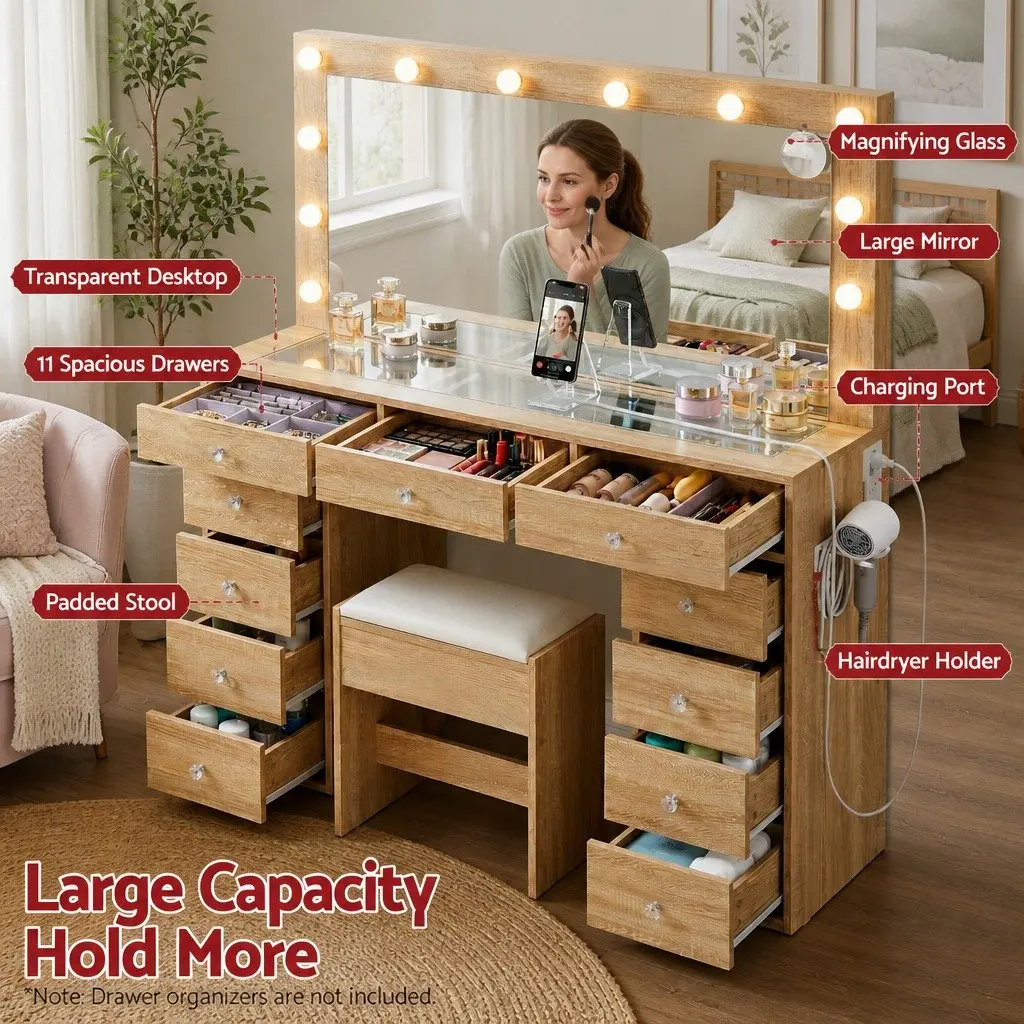 Dressing Vanity Desk with LED Mirror & Stool