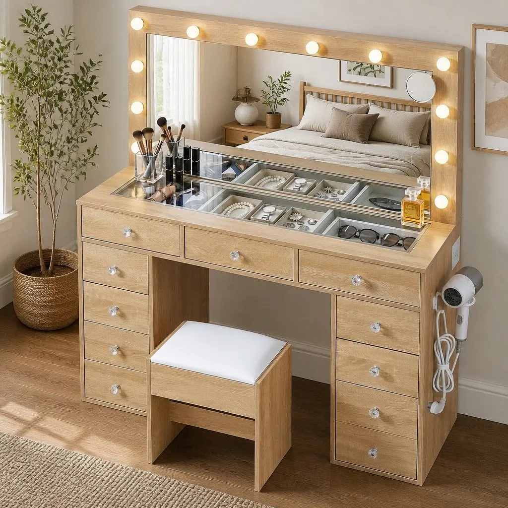 Dressing Vanity Desk with LED Mirror & Stool