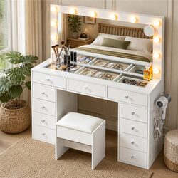Dressing Table Vanity Desk with LED Mirror Stool White Bedroom Makeup Station