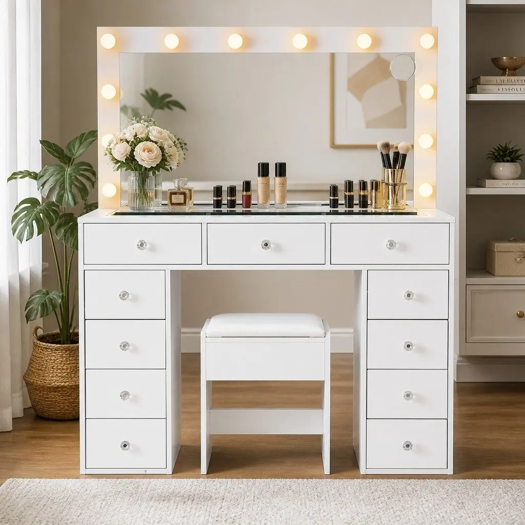 Dressing Table Vanity Desk E1 Particle Board Tempered Glass 120cm White
