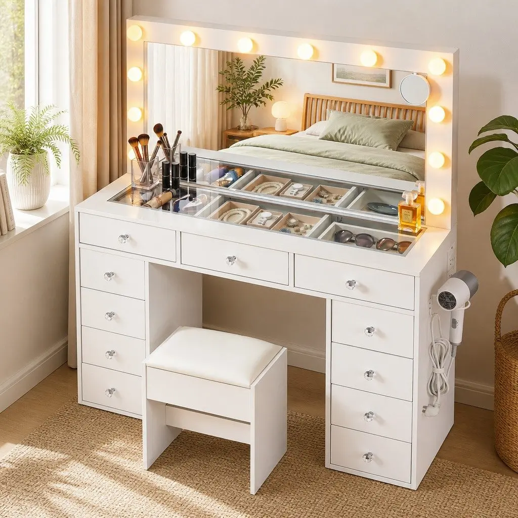 Dressing Table Vanity Desk E1 Particle Board Tempered Glass 120cm White