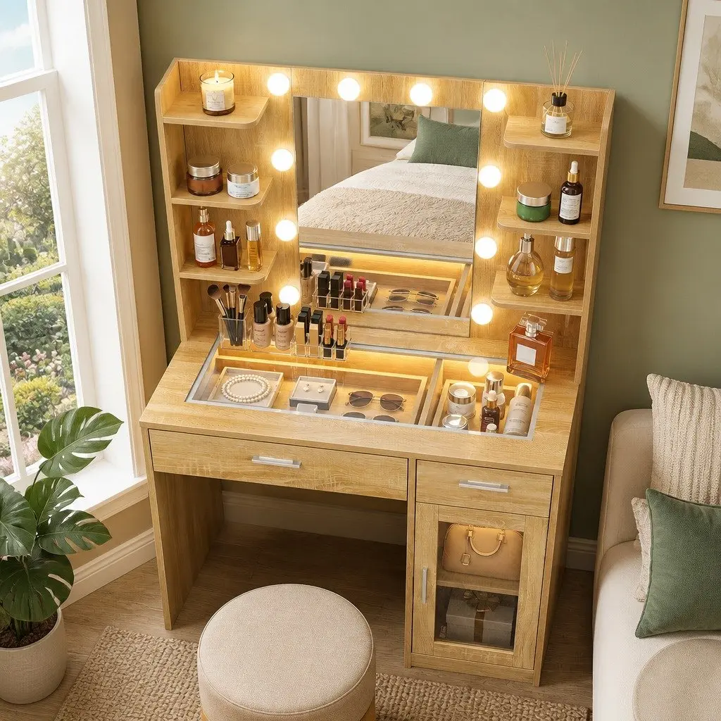 Dressing Table Vanity Desk E1 Particle Board Tempered Glass Wood with Hollywood LED Mirror and Makeup Storage Drawers