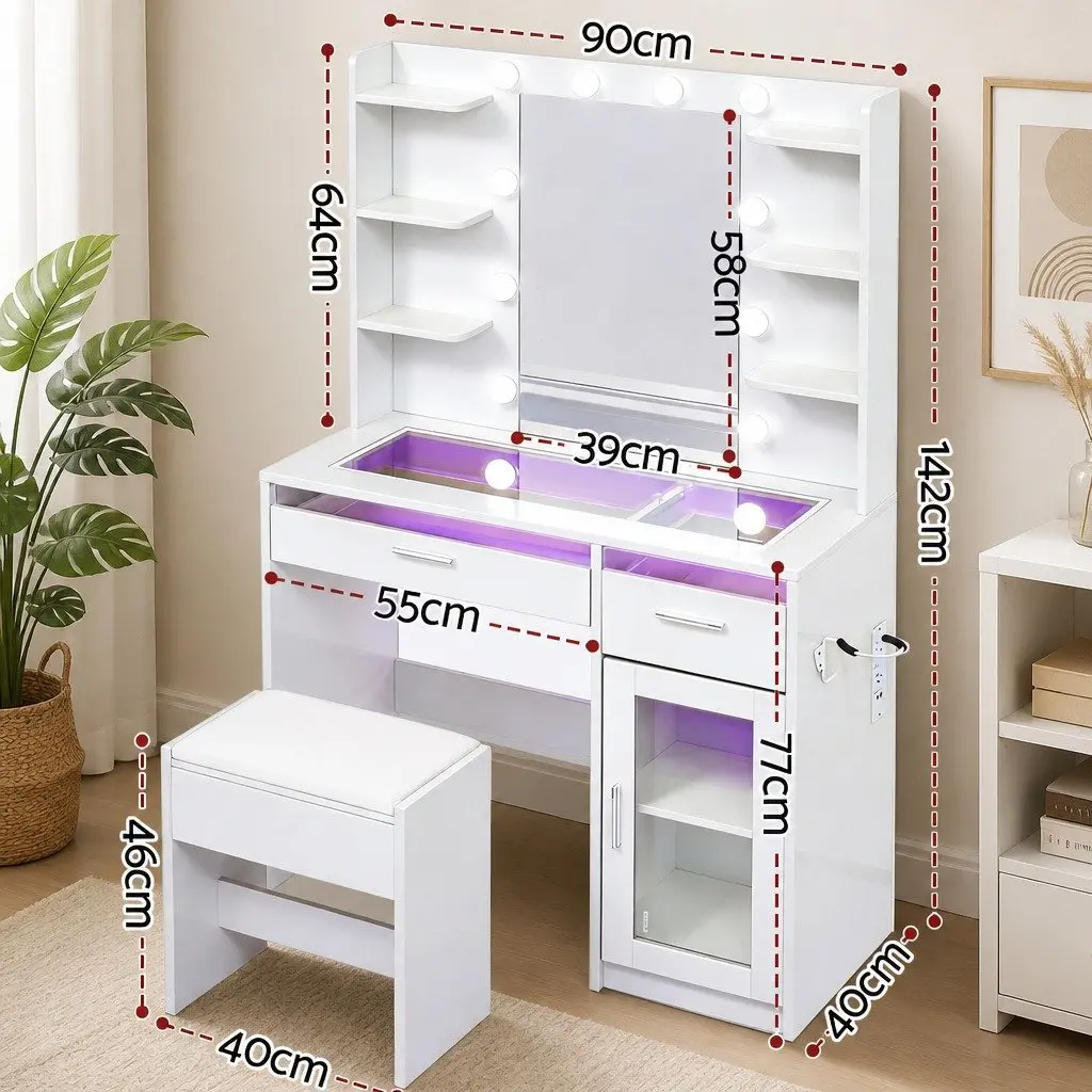 Dressing Table Vanity Desk E1 Particle Board Tempered Glass 90cm White