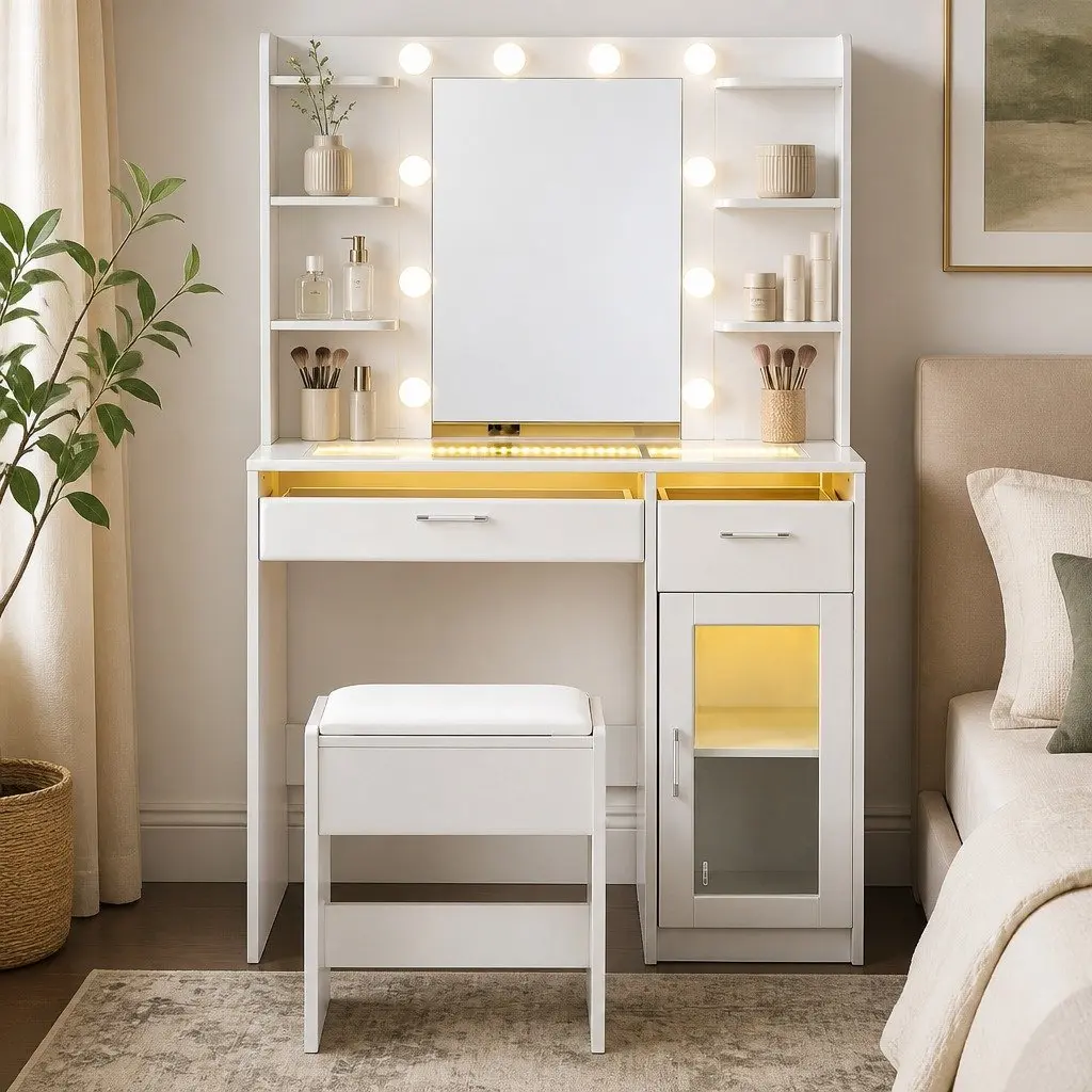 Dressing Table Vanity Desk E1 Particle Board Tempered Glass 90cm White