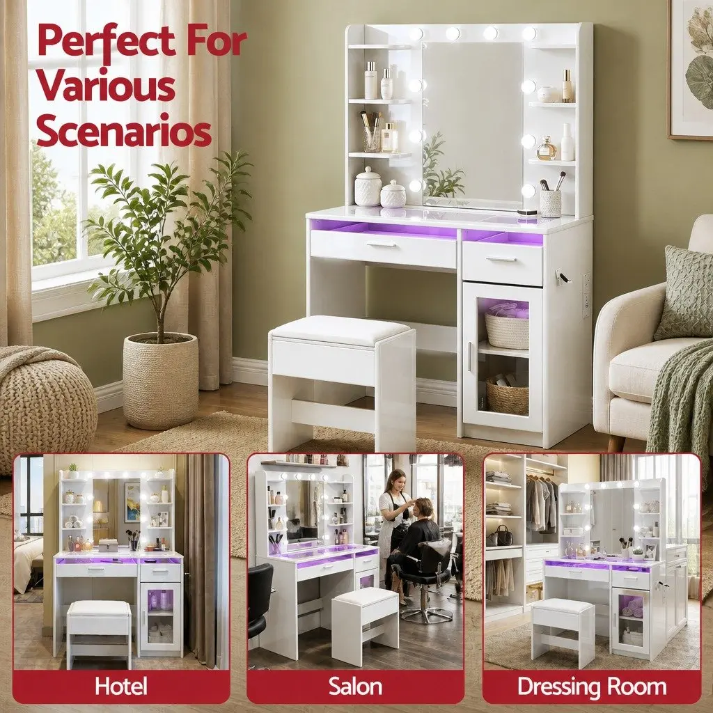 Dressing Table Vanity Desk E1 Particle Board Tempered Glass 90cm White