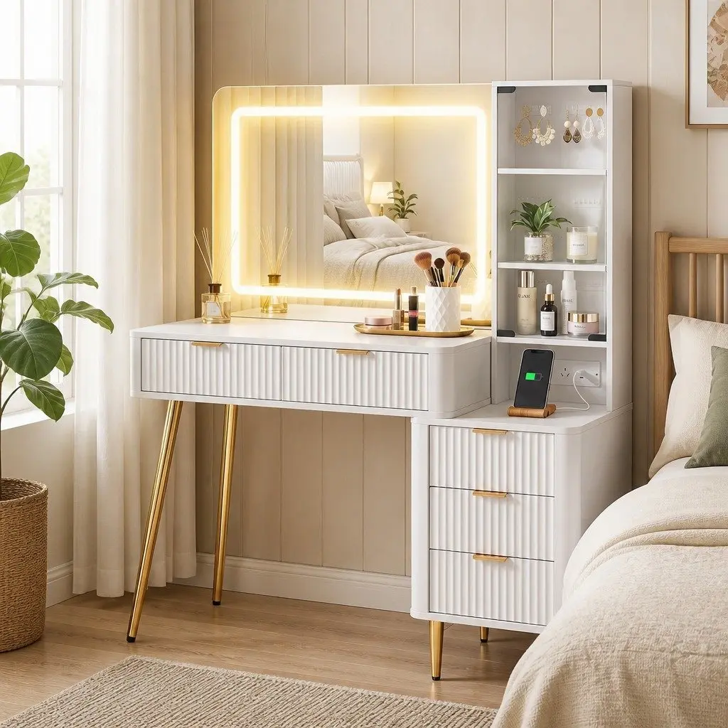 LED Vanity Dressing Table with White Hollywood Mirror
