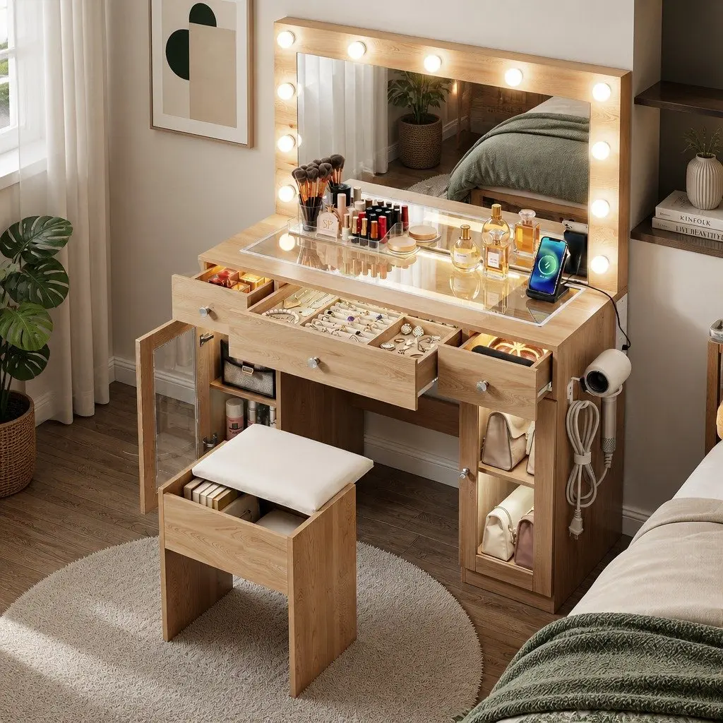 Dressing Table with LED Mirror and RGB Bulbs